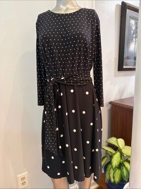 Ralph Lauren Black and White Polka Dot Long Sleeve Tie-Waist Dress
